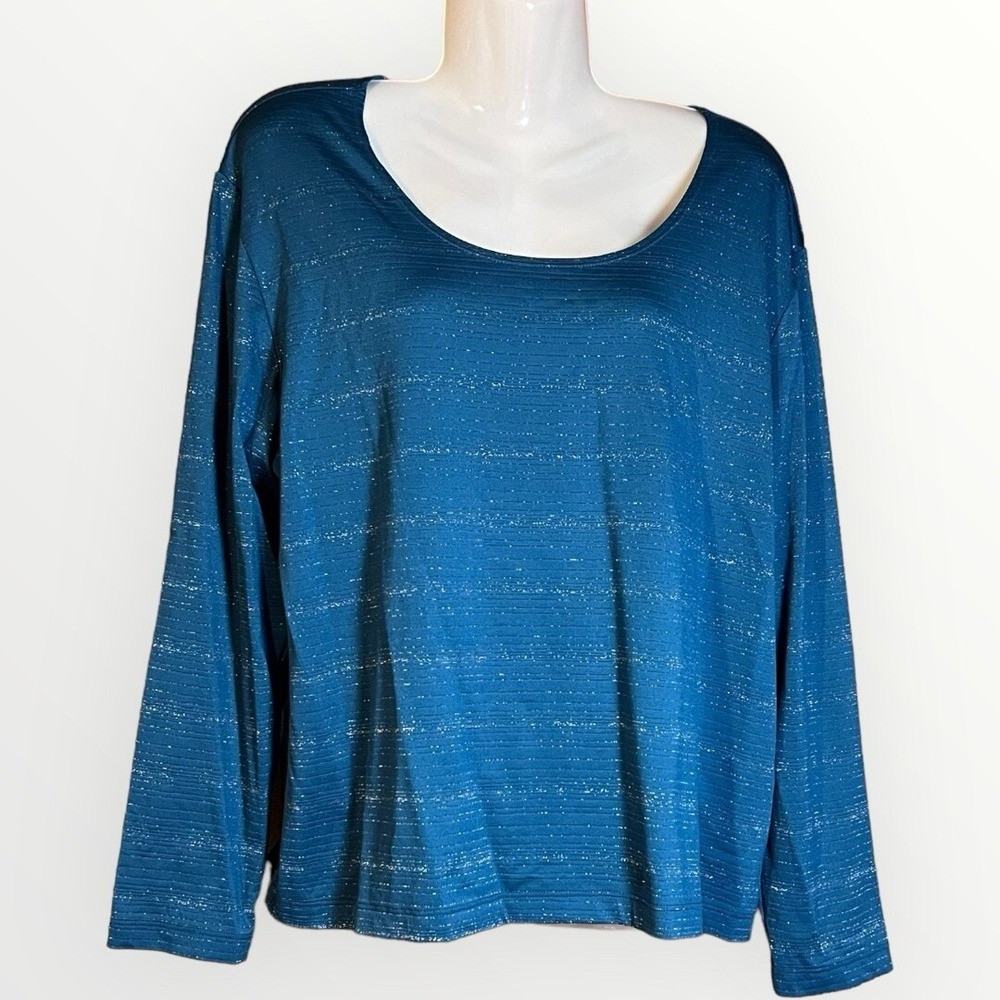 Chicos Sparkle top Teal Blue knit metallic stripes Sz‎ 3 Or XL Pullover Sparkle